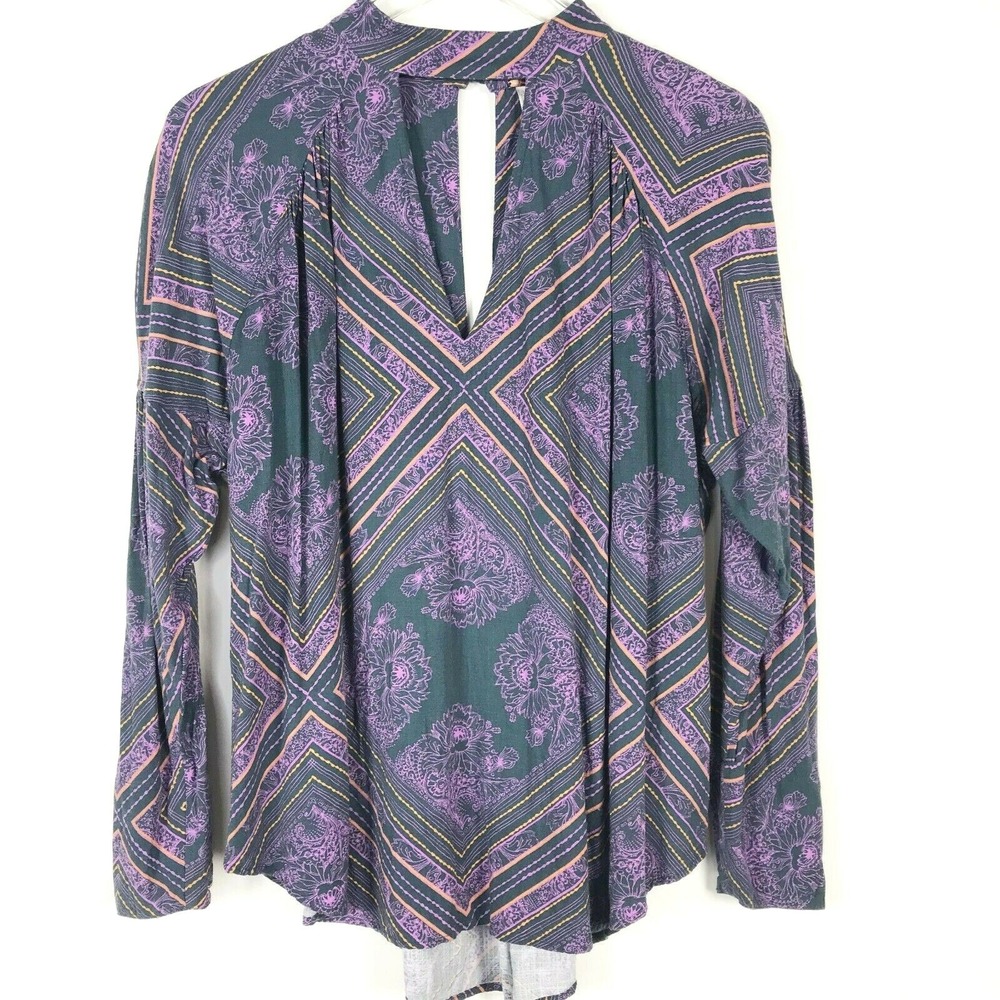 Free People Top Womens Small Purple Floral Geometric Oversized Grunge Retro Boho